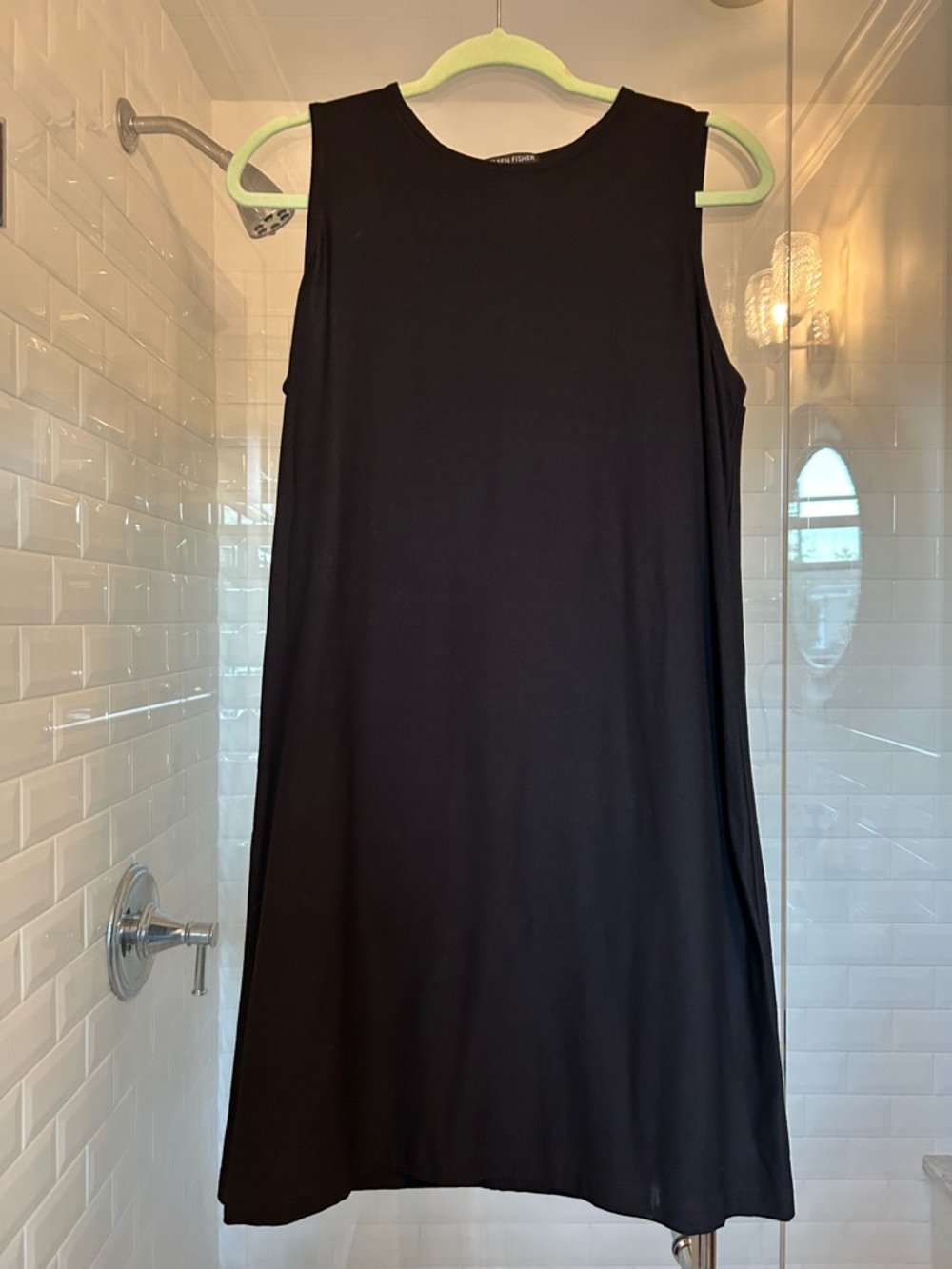 Classic Eileen Fisher Black Sleeveless Black Midi Shift Dress, NWOT, size S/P